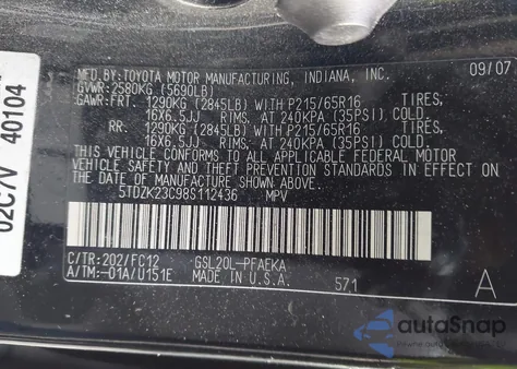 2008 Toyota Sienna Le из США, поврежденный, VIN 5TDZK23C98S112436